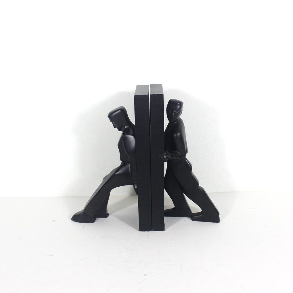 Leaning Pushing Men Matte Black Bookends a Pair by Chris Collicott